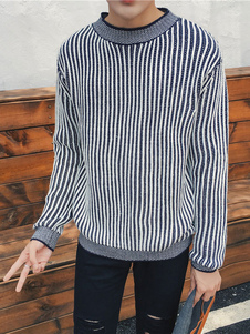 Chandail bleu manches longues hommes rayé maille