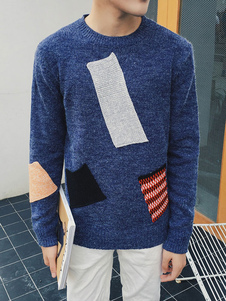 Chandail bleu manches longues hommes tour de cou couleur contraste pull maille