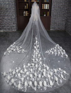 Two-tier mariage voile Tulle Ivoire chute coupe bord fleur cathédrale voile nuptiale avec peigne