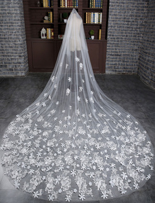 Dentelle dualiste mariage voile Tulle Cathedral Ivoire chute coupe bord fleur mariée voile avec peig