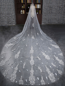 Dentelle Ivoire mariage voile cathédrale moniste Drop coupe bord fleur mariée voile avec peigne