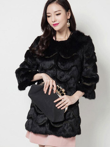 Pourpre 3/4 longueur de la fausse fourrure manteau femme manches Crewneck vêtements avec poches