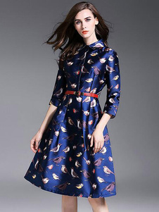 Chemise plissée robe Half Sleeve imprimé Skater robe féminin avec ceinture