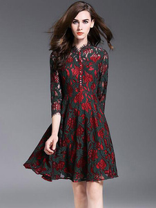 Bourgogne robe genou longueur demi-manchon broderie dentelle robe de patineur pour femmes