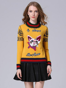 Les chandails tricot jaune Cat motif imprimé pull pulls femmes
