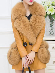 Manches longues jaune PU cuir col Turndown bouton manteau de la fausse fourrure manteau femme d’hive