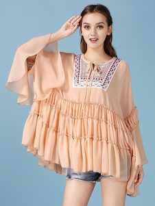 Chemisiers en mousseline de soie plissée en couches manches longues imprimé Tops décontractés pour f