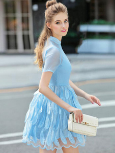 Skater robe manches courtes plumes semi Sheer femmes couches Organza robe de Flare