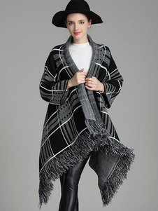 Poncho noir pull Fringe Plaided col Turndown Cardigan manches longues pour femme