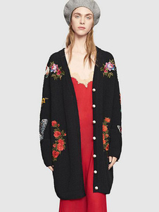 Tricots de bouton imprimé Floral féminin Cardigan noir manches longues
