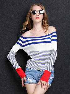 Chandails tricot Off-the-Shoulder des femmes rayures Slim Fit chandails courts Spandex