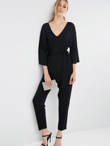 Combinaison noire femmes avec 3/4-Length manches col v recadrée ceinture