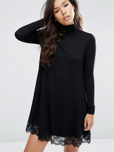 Maj chandail noir Robe col montant manches longues dentelle bord féminin Knit Dress