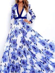 Bleu col en v impression longue jupe robe à fleurs Maxi robe féminine