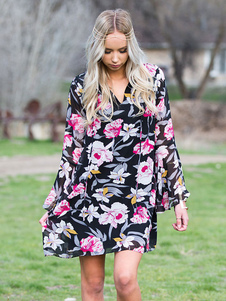 Robe en mousseline de soie noir Shift robe évasé imprimé Floral manches féminines