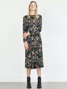 Manches longues imprimé Floral en mousseline de soie robe Maj noir robe femme