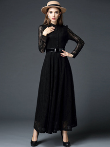 Sheer dentelle noire robe féminine semi Slim Fit chemise robe longue avec ceinture