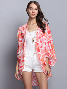 Kimonos en mousseline de soie rouge manches longues Floral impression haute basse Casual Tops pour f