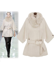 Blanc manteau fausse fourrure femmes col 3/4-Length manches manteau ceinturé