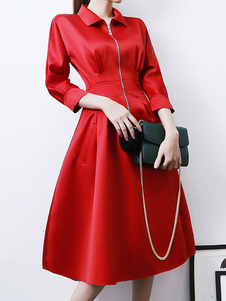 Skater rouge robe Half Sleeve femmes de fermetures à glissière du plissé jupe robe