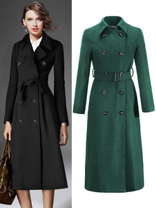 Ceinture Peacoat noir manches longues col Turndown bouton double-breasted Wrap Coat des femmes