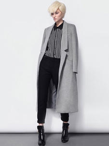 Gris manches longues col Turndown Long manteau de Boyfriend Coat femmes avec poches