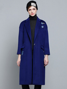 Manches longues col Turndown imprimé Long manteau boutonné Wrap bleu manteau féminin avec poches