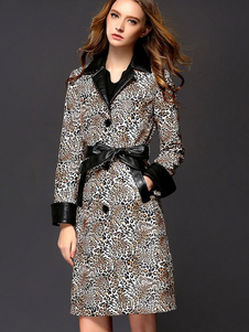 Manches longues PU cuir col Turndown bouton féminin de Trench Coat léopard ceinturé manteau avec poc