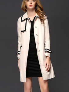 Blanc manches longues col Turndown Trench-Coat féminin bouton manteau avec poches de canalisations