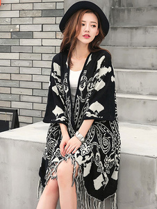 Noir Batwing Cardigans 3/4-Length manches franges imprimé chandails des femmes