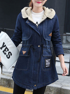 Manteau bleu Lambswool Long manches Denim des femmes capuche Outwear