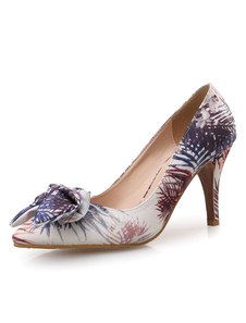 Chaussures à talons à talons aigus en tissu impression mocassin avec noeud de polyuréthane / PU