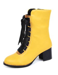 Bottes mi-mollet à lacets et bout rond en PU unicolore