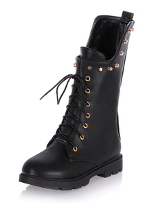 Bottes mi-mollet à lacets et bout rond en PU unicolore