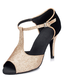 Populaires chaussures de latine Paillette champagne à talons aigus T-bracelet bicolore peep-toe