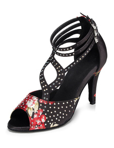 Danse noir chaussures Peep strass imprimé chaussures à talons hauts Ballroom femmes