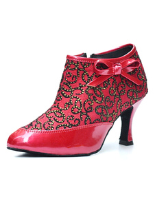 Attrayantes chaussures de latine en PU rouge à talons évasés Zip unicolore et bout amande