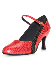 Adorables chaussures de latine en PU rouge à talons évasés courroie ajustable unicolore et bout rond