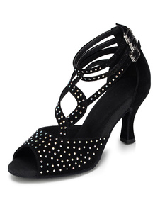 Danse noir chaussures Peep strass daim chaussures salle de bal à talons hauts pour femmes