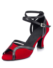 Magnétiques chaussures danse latine en micro daim rouge à talons évasés ruban aux chevilles unicolor