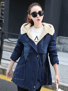 Denim manteau des femmes capuche manche longue fermeture éclair Drawstring pardessus avec poches