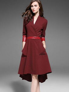 3/4-length manches Skater, v-Neck robe pois PU agrémentée robe évasée plissée