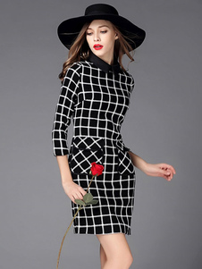 Black Plaid 3/4-longueur de la robe Bodycon manches féminines gaine robe pour femmes
