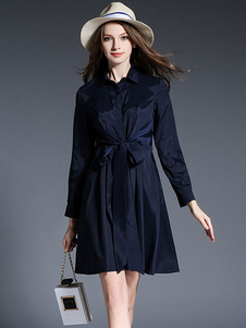 Robe patineuse marine foncé avec Bow ceinture manches longues boutons Criss-Cross chemise robe