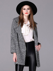 Gris manches longues Notch collier pardessus Tweed manteau féminin