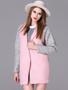 Manteau rose coton manches longues bicolore Notch col manteau des femmes avec poches