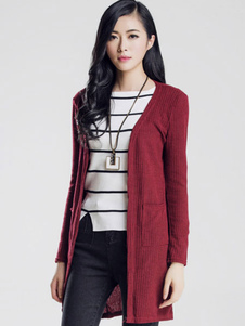 V-Neck Cardigans poches mi-longs chandails avant ouverte femmes