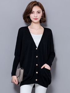 Batwing noir chandails col v poches coton Cardigans