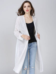 Cardigans blanc v-Neck Split haute basse coton chandails femmes