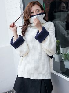 Pull tricot Split contraste couleur coton Pullover chandails à col roulé femmes
